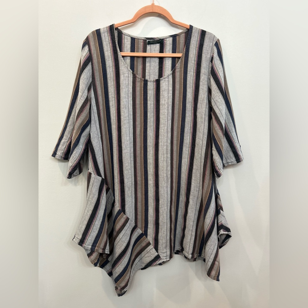 Lagenlook Linen Blend Striped Top For Cynthia Woman Elbow Sleeves Size 2X-3X